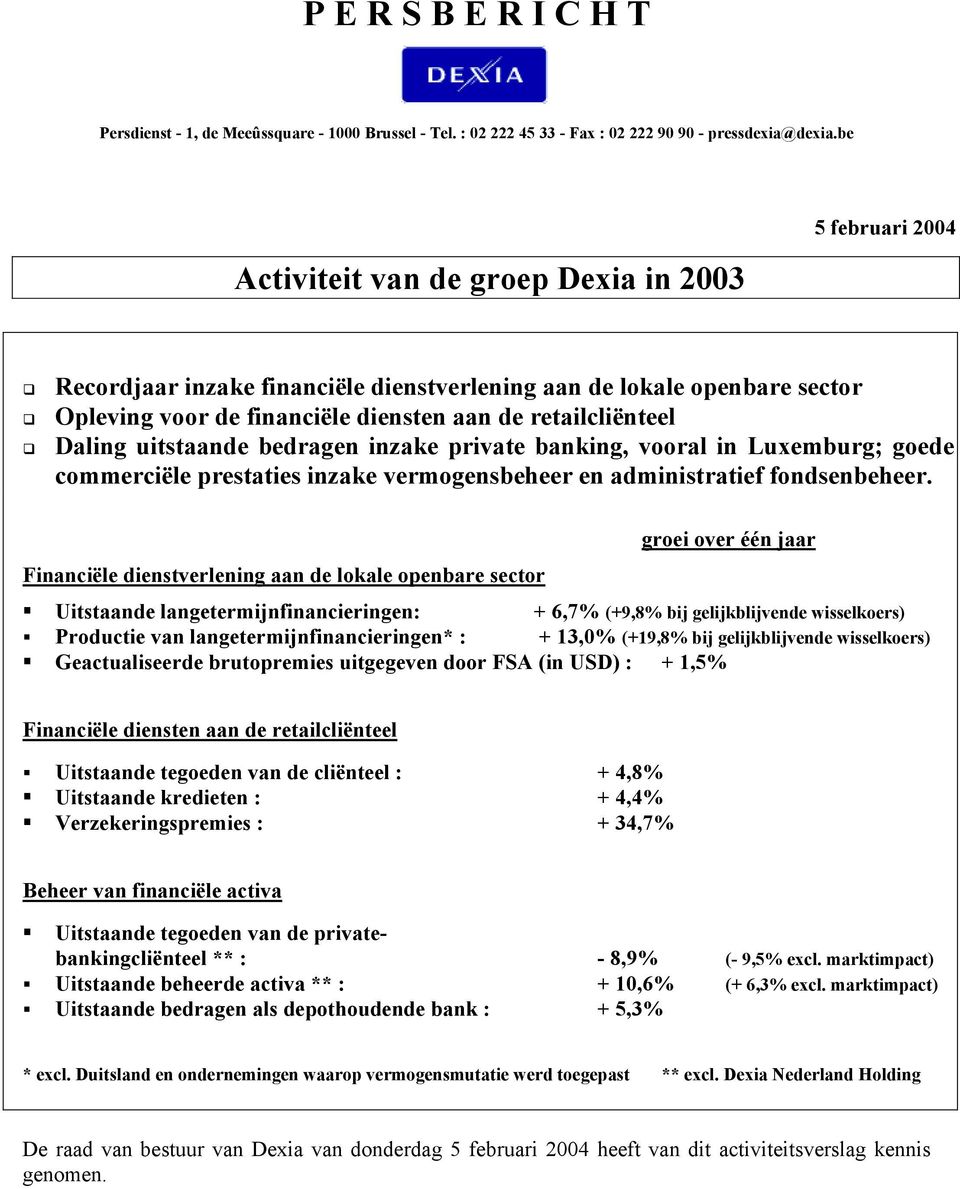 Daling uitstaande bedragen inzake private banking, vooral in Luxemburg; goede commerciële prestaties inzake vermogensbeheer en administratief fondsenbeheer.