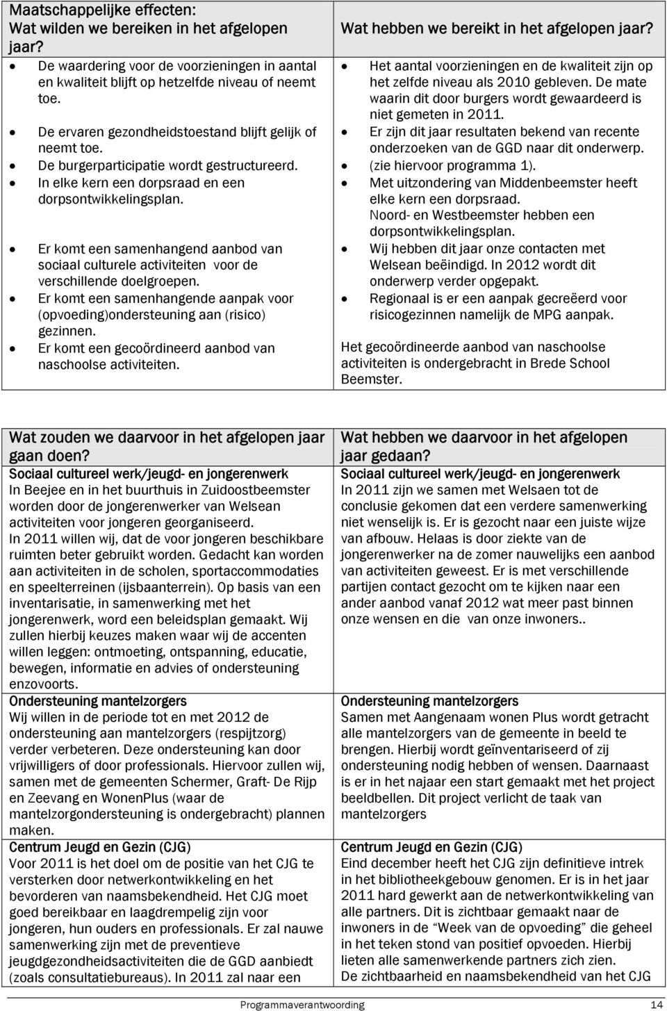 Er komt een samenhangend aanbod van sociaal culturele activiteiten voor de verschillende doelgroepen. Er komt een samenhangende aanpak voor (opvoeding)ondersteuning aan (risico) gezinnen.