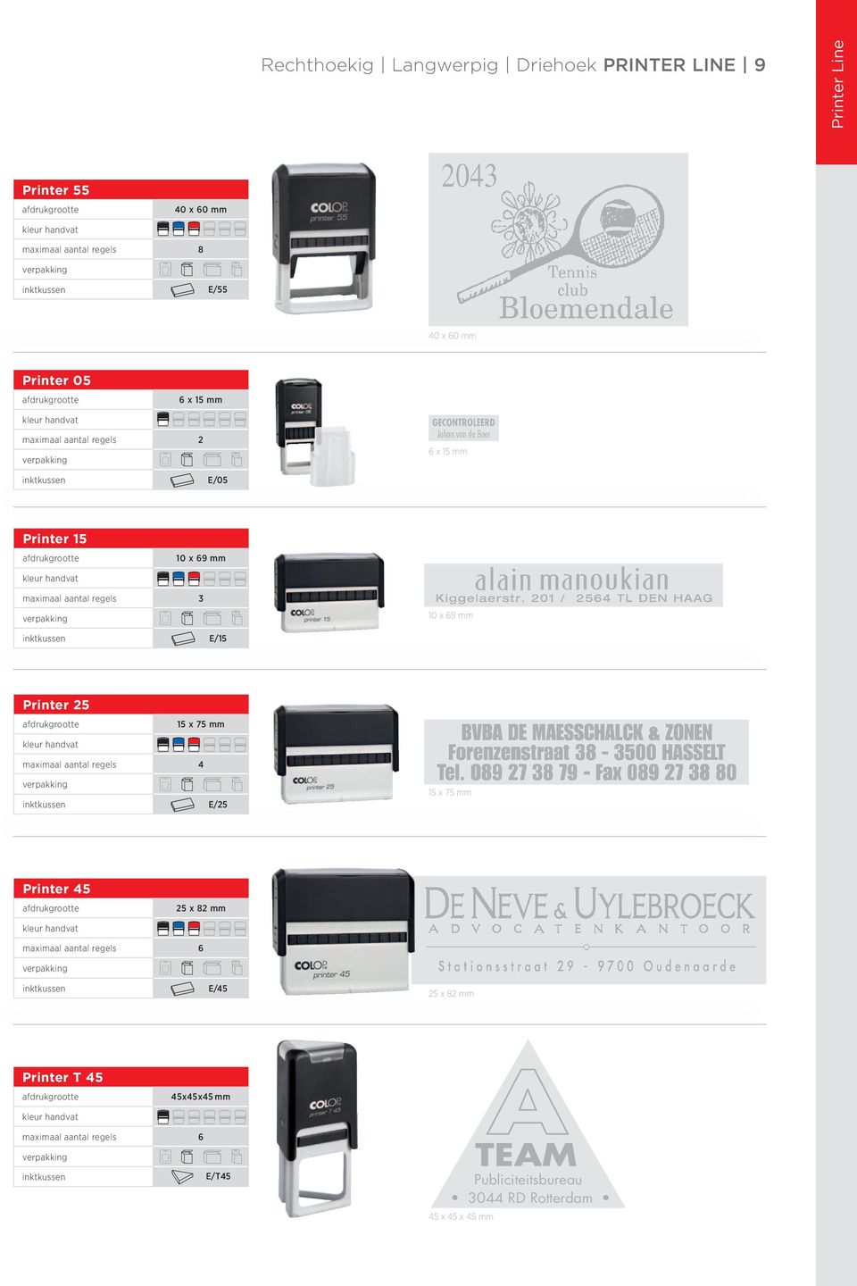 x 69 mm Printer 25 15 x 75 mm maximaal aantal regels 4 A E/25 15 x 75 mm Printer 45 25 x 82 mm maximaal aantal regels 6 A