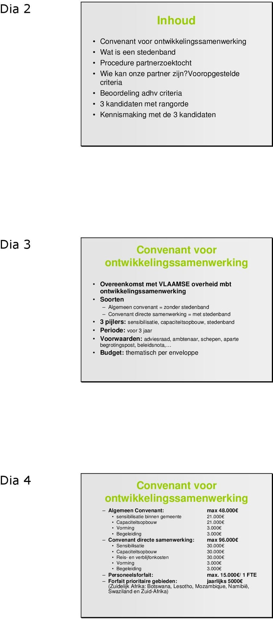 ontwikkelingssamenwerking Soorten Algemeen convenant = zonder stedenband Convenant directe samenwerking = met stedenband 3 pijlers: sensibilisatie, capaciteitsopbouw, stedenband Periode: voor 3 jaar