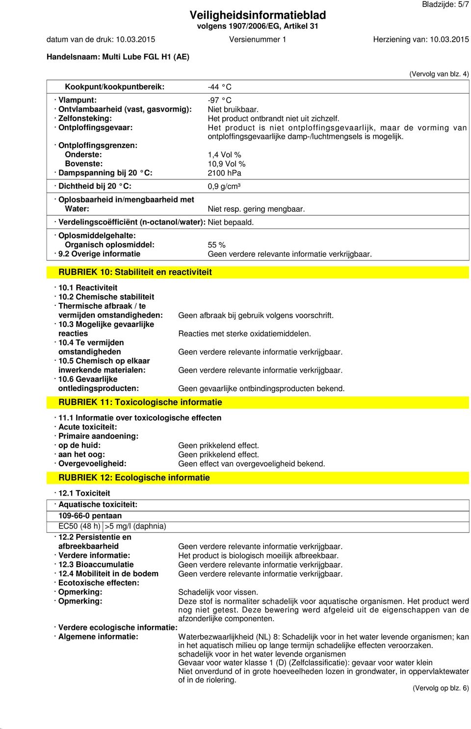 Ontploffingsgrenzen: Onderste: 1,4 Vol % Bovenste: 10,9 Vol % Dampspanning bij 20 C: 2100 hpa Dichtheid bij 20 C: 0,9 g/cm³ Oplosbaarheid in/mengbaarheid met Water: Verdelingscoëfficiënt