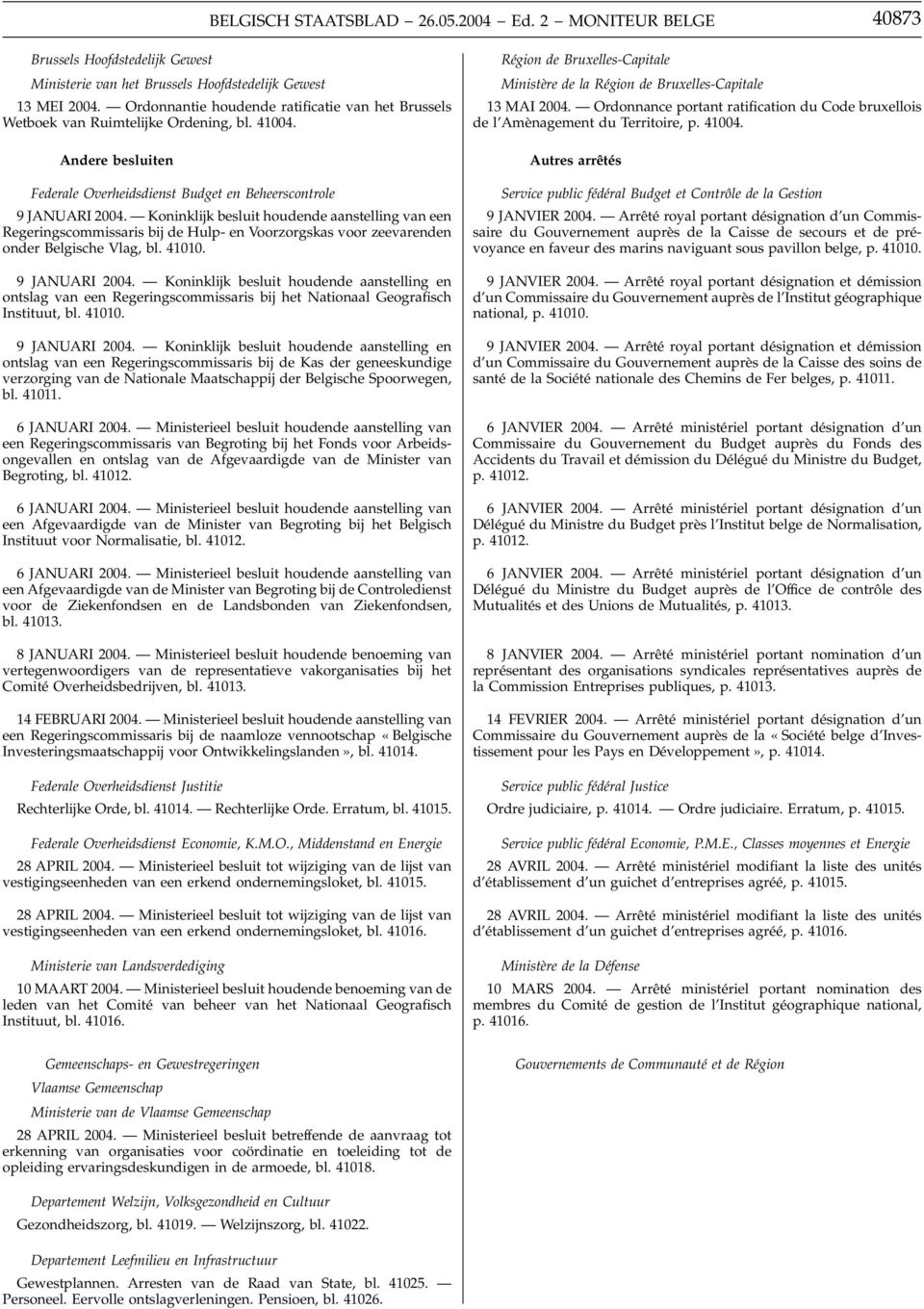 Koninklijk besluit houdende aanstelling van een Regeringscommissaris bij de Hulp- en Voorzorgskas voor zeevarenden onder Belgische Vlag, bl. 41010. 9 JANUARI 2004.
