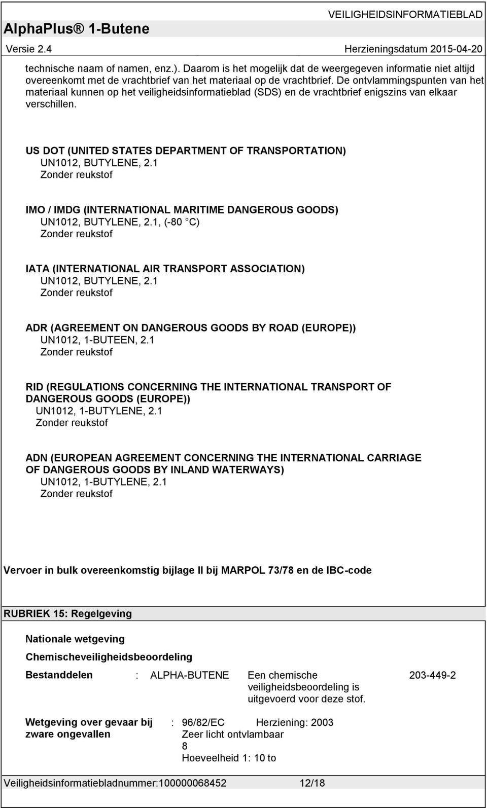 US DOT (UNITED STATES DEPARTMENT OF TRANSPORTATION) UN1012, BUTYLENE, 2.1 Zonder reukstof IMO / IMDG (INTERNATIONAL MARITIME DANGEROUS GOODS) UN1012, BUTYLENE, 2.