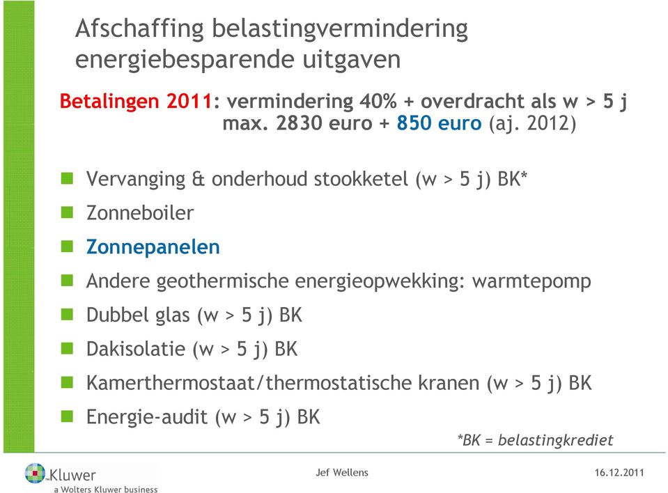 2012) Vervanging g & onderhoud stookketel (w > 5 j) BK* Zonneboiler Zonnepanelen Andere geothermische