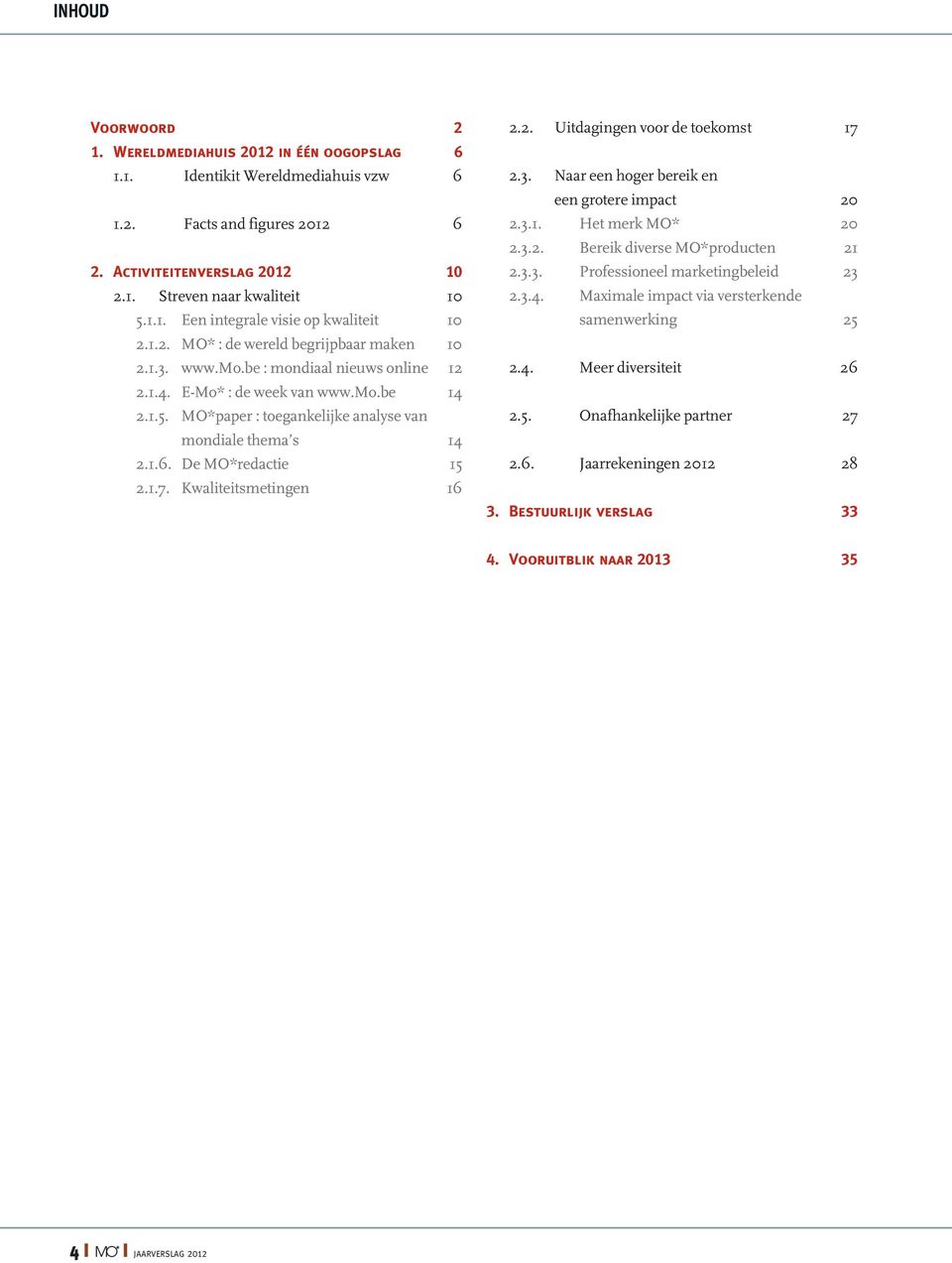 De MO*redactie 15 2.1.7. Kwaliteitsmetingen 16 2.2. Uitdagingen voor de toekomst 17 2.3. Naar een hoger bereik en een grotere impact 20 2.3.1. Het merk MO* 20 2.3.2. Bereik diverse MO*producten 21 2.