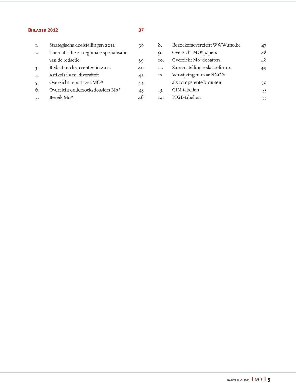 Overzicht onderzoeksdossiers Mo* 45 7. Bereik Mo* 46 8. Bezoekersoverzicht WWW.mo.be 47 9. Overzicht MO*papers 48 10.