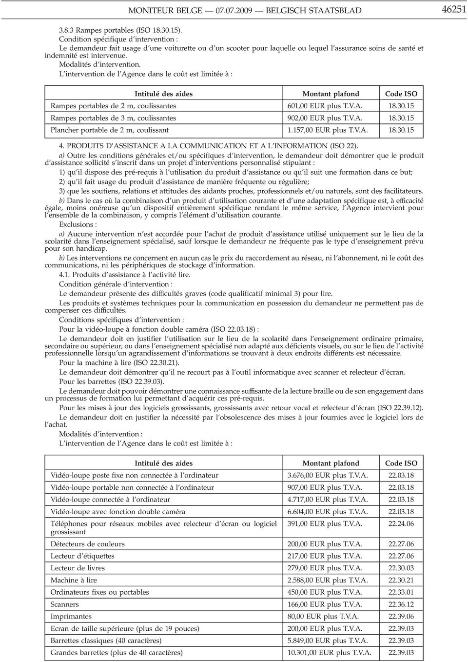 L intervention de l Agence dans le coût est limitée à : Rampes portables de 2 m, coulissantes 601,00 EUR plus T.V.A. 18.30.15 Rampes portables de 3 m, coulissantes 902,00 EUR plus T.V.A. 18.30.15 Plancher portable de 2 m, coulissant 1.