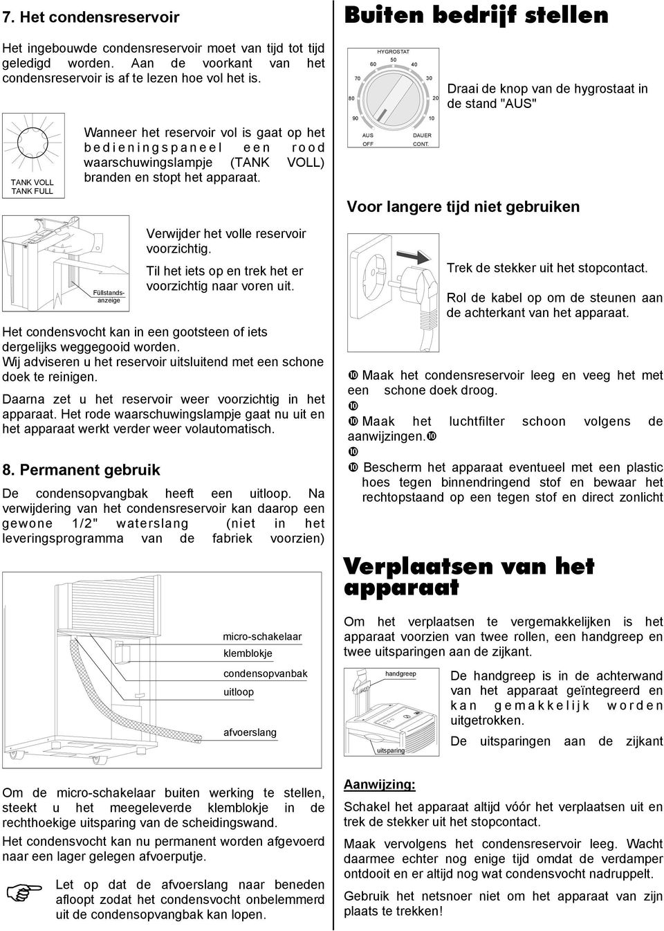 Füllstandsanzeige Verwijder het volle reservoir voorzichtig. Til het iets op en trek het er voorzichtig naar voren uit. Het condensvocht kan in een gootsteen of iets dergelijks weggegooid worden.