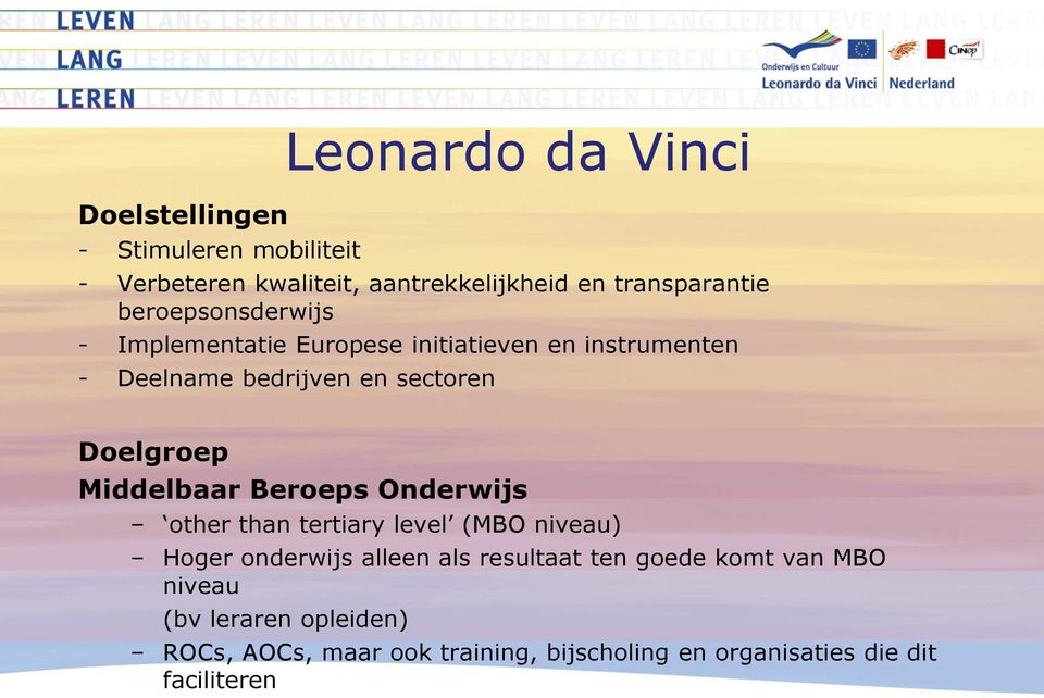 Middelbaar Beroeps Onderwijs other than tertiary level (MBO niveau) Hoger onderwijs alleen als resultaat ten goede