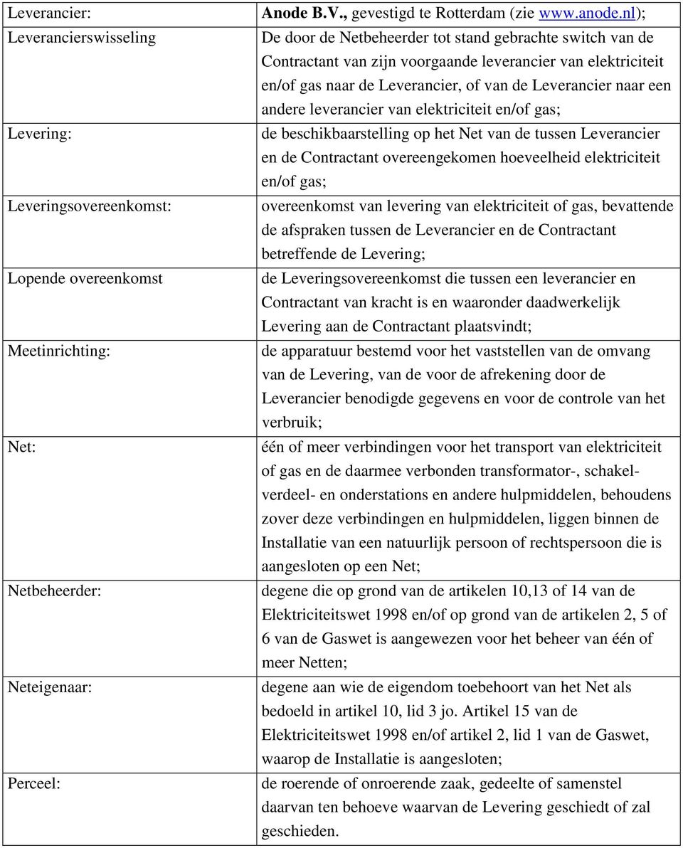 leverancier van elektriciteit en/of gas; de beschikbaarstelling op het Net van de tussen Leverancier en de Contractant overeengekomen hoeveelheid elektriciteit en/of gas; overeenkomst van levering