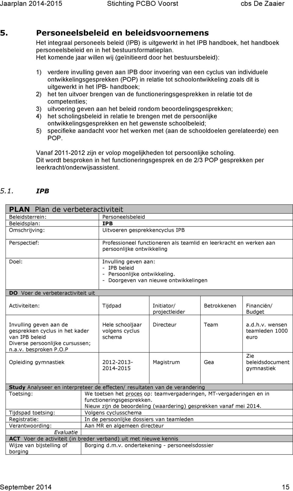 schoolontwikkeling zoals dit is uitgewerkt in het IPB- handboek; 2) het ten uitvoer brengen van de functioneringsgesprekken in relatie tot de competenties; 3) uitvoering geven aan het beleid rondom