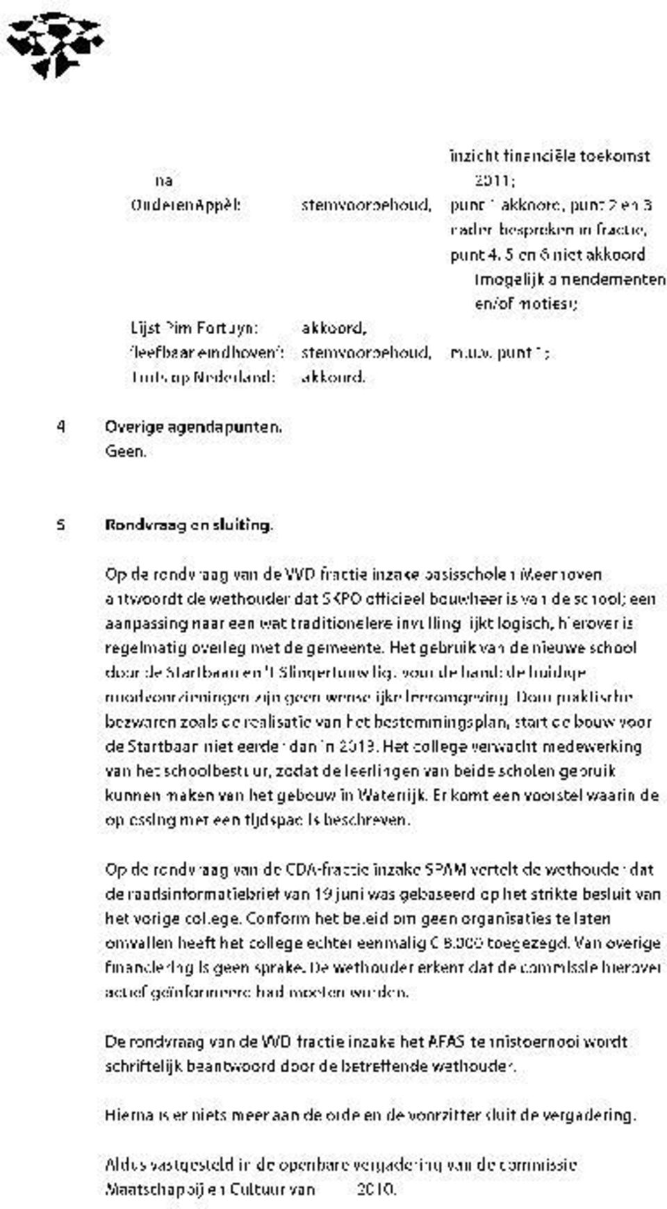 Op de rondvraag van de VVD-fractie inzake basisscholen Meerhoven antwoordt de wethouder dat SKPO officieel bouwheer is van de school; een aanpassing naar een wat traditionelere invulling lijkt