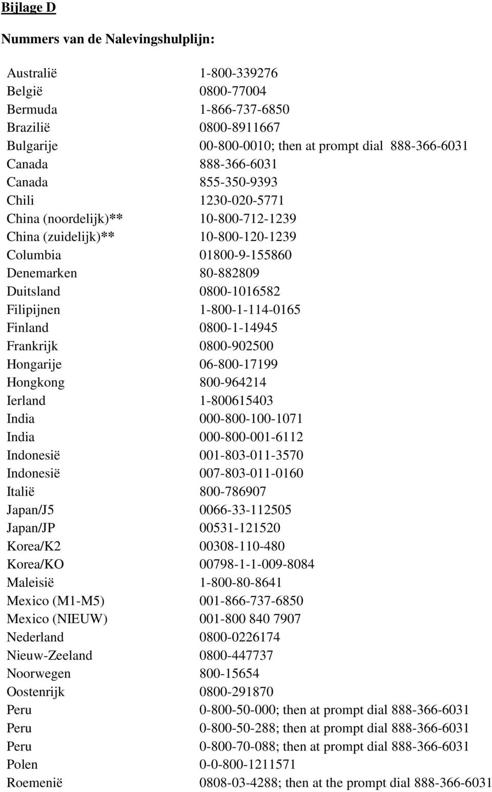 Filipijnen 1-800-1-114-0165 Finland 0800-1-14945 Frankrijk 0800-902500 Hongarije 06-800-17199 Hongkong 800-964214 Ierland 1-800615403 India 000-800-100-1071 India 000-800-001-6112 Indonesië