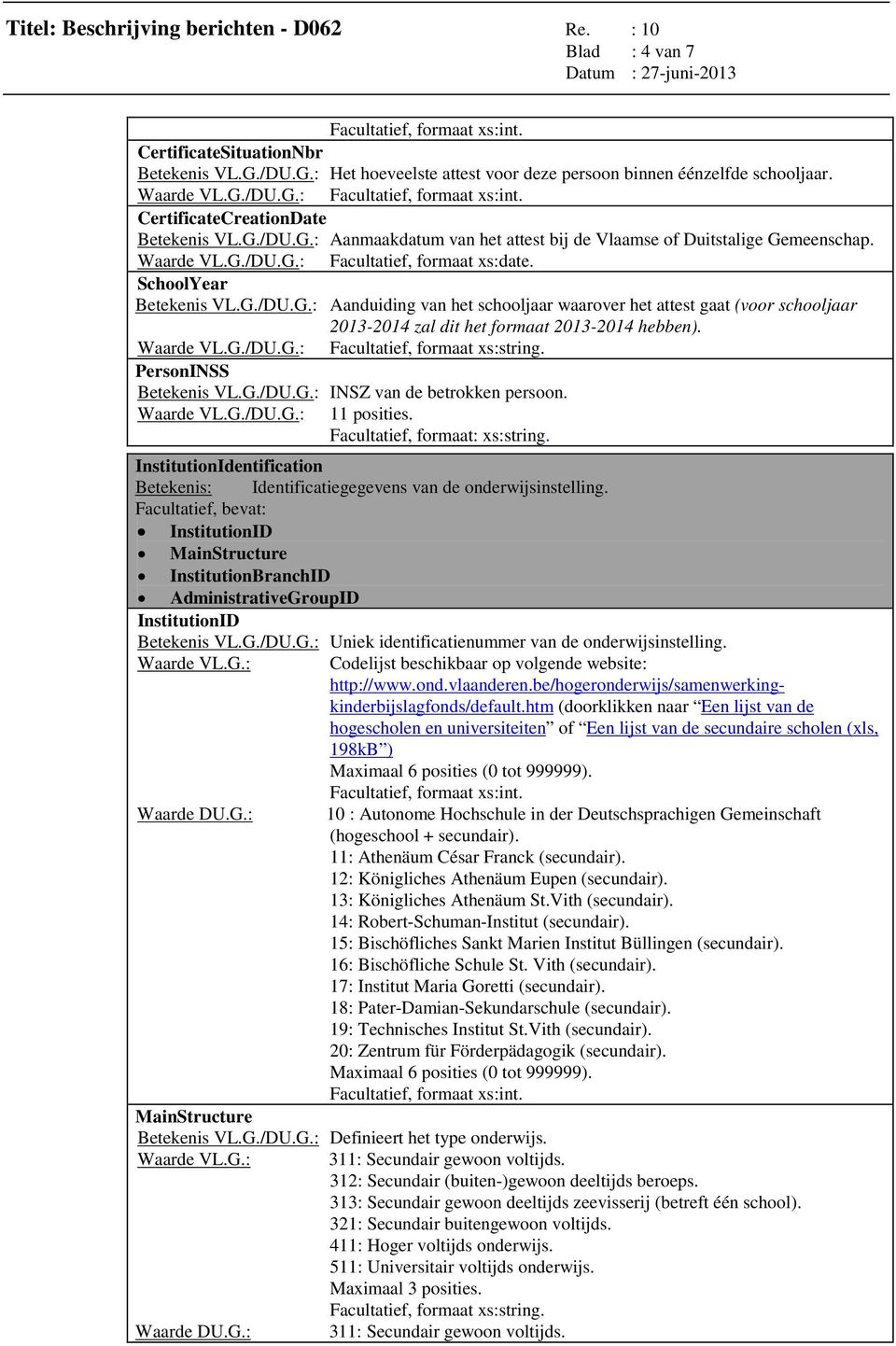 Waarde VL.G./DU.G.: Facultatief, formaat xs:date. SchoolYear Betekenis VL.G./DU.G.: Aanduiding van het schooljaar waarover het attest gaat (voor schooljaar 2013-2014 zal dit het formaat 2013-2014 hebben).