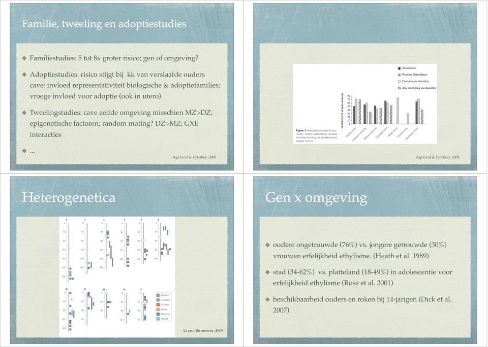 Tweelingstudies: cave zelfde omgeving misschien MZ>DZ; epigenetische factoren; random mating? DZ>MZ; GXE interacties.