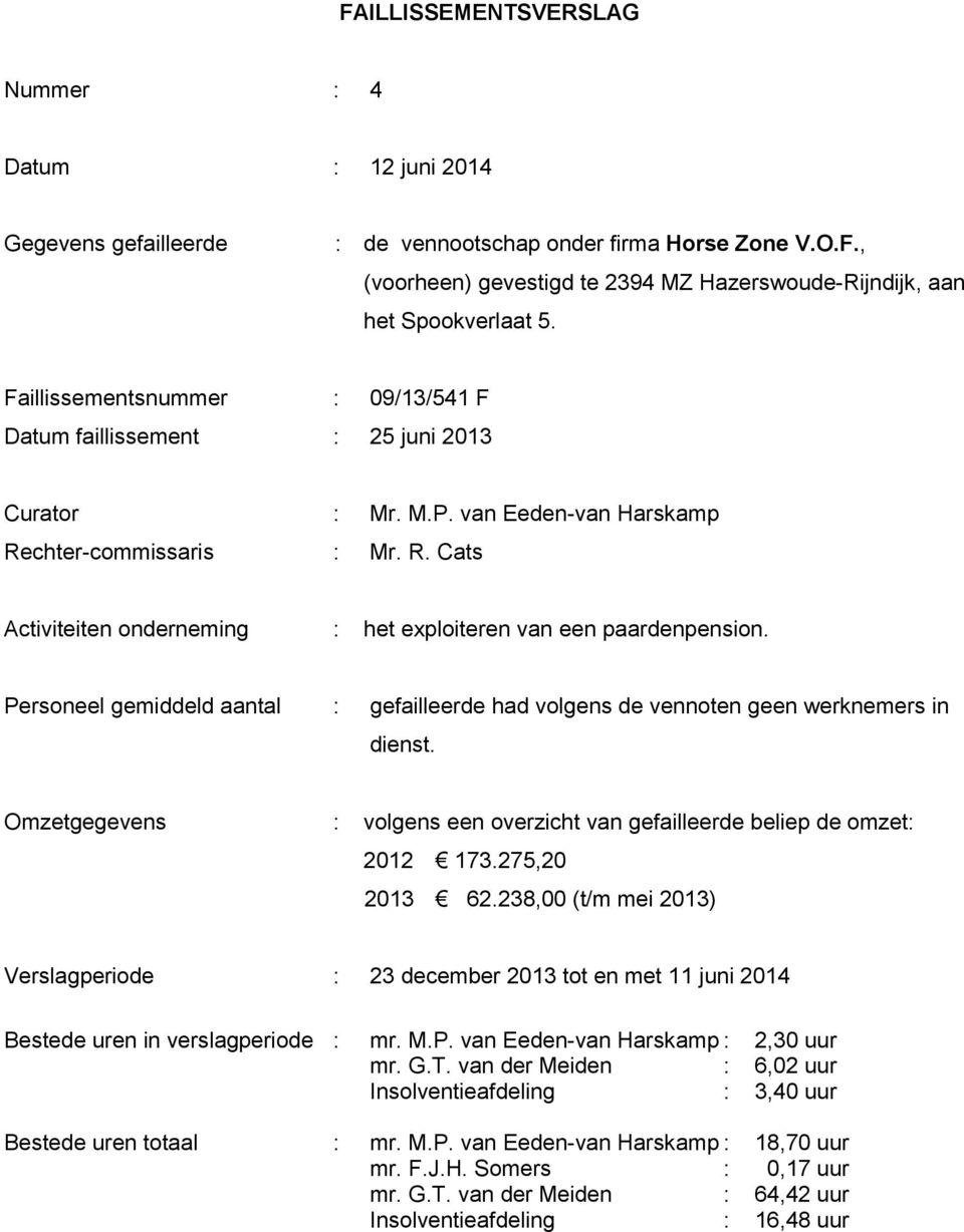 Personeel gemiddeld aantal : gefailleerde had volgens de vennoten geen werknemers in dienst. Omzetgegevens : volgens een overzicht van gefailleerde beliep de omzet: 2012 173.275,20 2013 62.