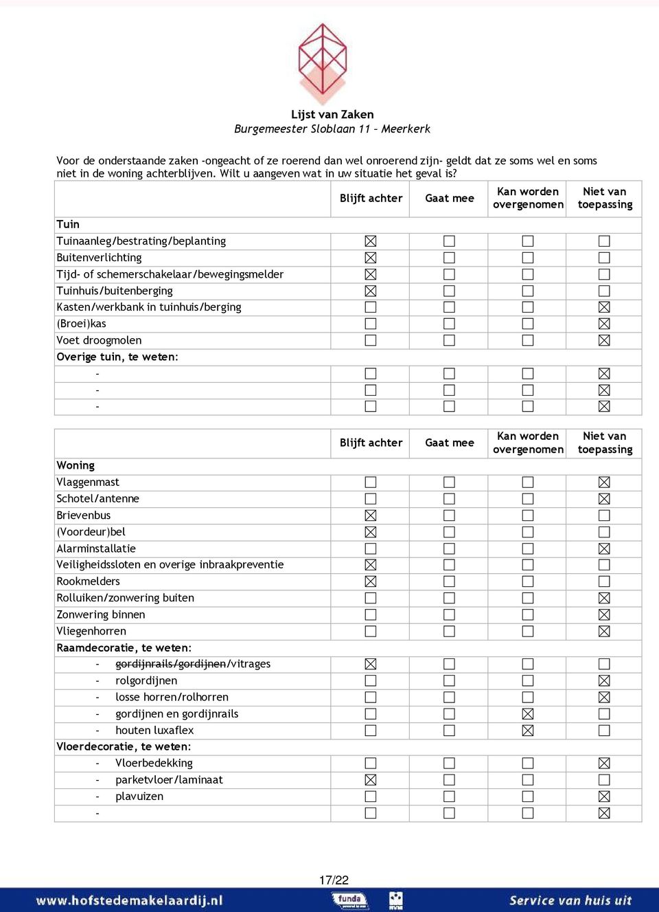 Tuin Tuinaanleg/bestrating/beplanting Buitenverlichting Tijd of schemerschakelaar/bewegingsmelder Tuinhuis/buitenberging Kasten/werkbank in tuinhuis/berging (Broei)kas Voet droogmolen Overige tuin,