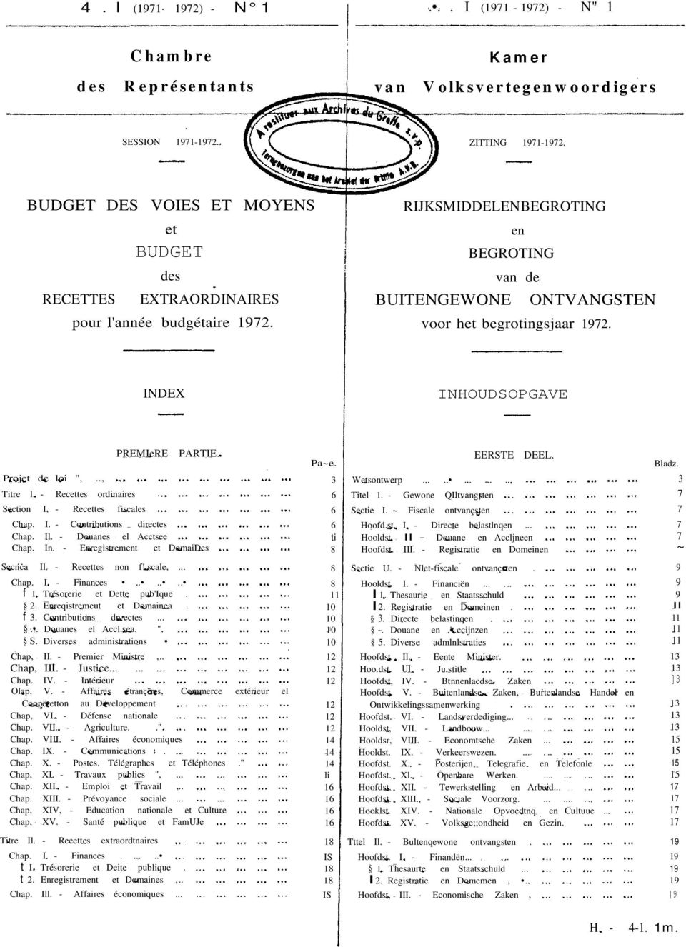 INDEX INHOUDSOPGAVE Projet de loi ",.., Titre l. - Recettes ordinaires PREMIeRE Section I, - Recettes fiscales PARTIE. Chap. I. - Contributions directes Chap. Il. - Douanes el Acctsee Chap. In.