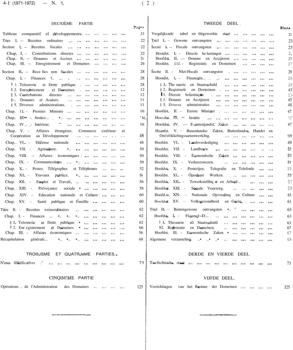 Trésorerie et Dette publique. 9 2. Enreçistrcment et Domaines. 3. Contrrbutions directes... ~. Douanes et Accises.... 5. Diverses administrations. Chap. 11. - Premier Ministre... Chap, Ill -. Justice.