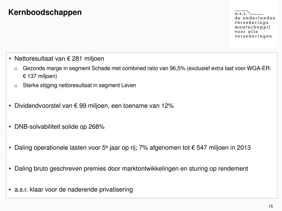 van 12% DNB-solvabiliteit solide op 268% Daling operationele lasten voor 5 e jaar op rij; 7% afgenomen tot 547 miljoen in 2013