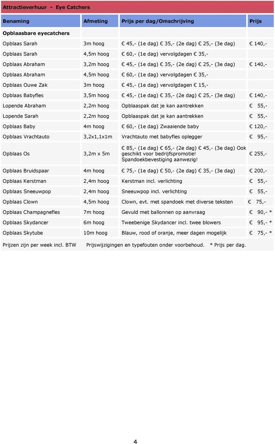 (1e dag) vervolgdagen 15,- Opblaas Babyfles 3,5m hoog 45,- (1e dag) 35,- (2e dag) 25,- (3e dag) 140,- Lopende Abraham 2,2m hoog Opblaaspak dat je kan aantrekken 55,- Lopende Sarah 2,2m hoog