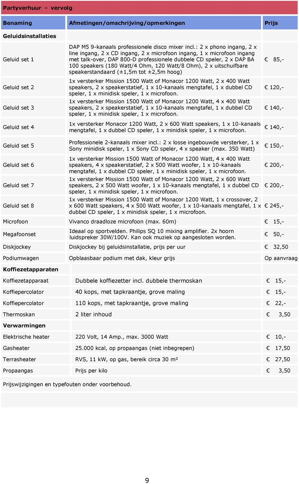 Watt/8 Ohm), 2 x uitschuifbare speakerstandaard (±1,5m tot ±2,5m hoog) 1x versterker Mission 1500 Watt of Monacor 1200 Watt, 2 x 400 Watt speakers, 2 x speakerstatief, 1 x 10-kanaals mengtafel, 1 x