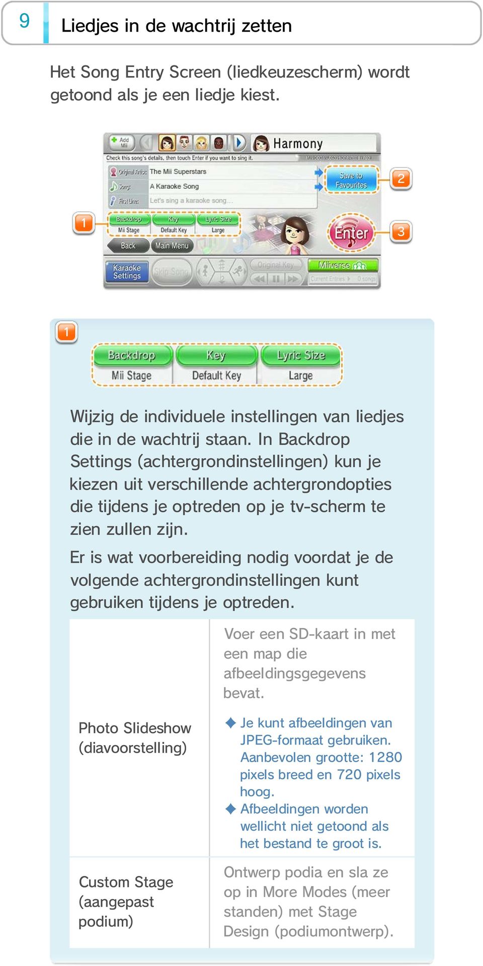 Er is wat voorbereiding nodig voordat je de volgende achtergrondinstellingen kunt gebruiken tijdens je optreden. Voer een SD-kaart in met een map die afbeeldingsgegevens bevat.