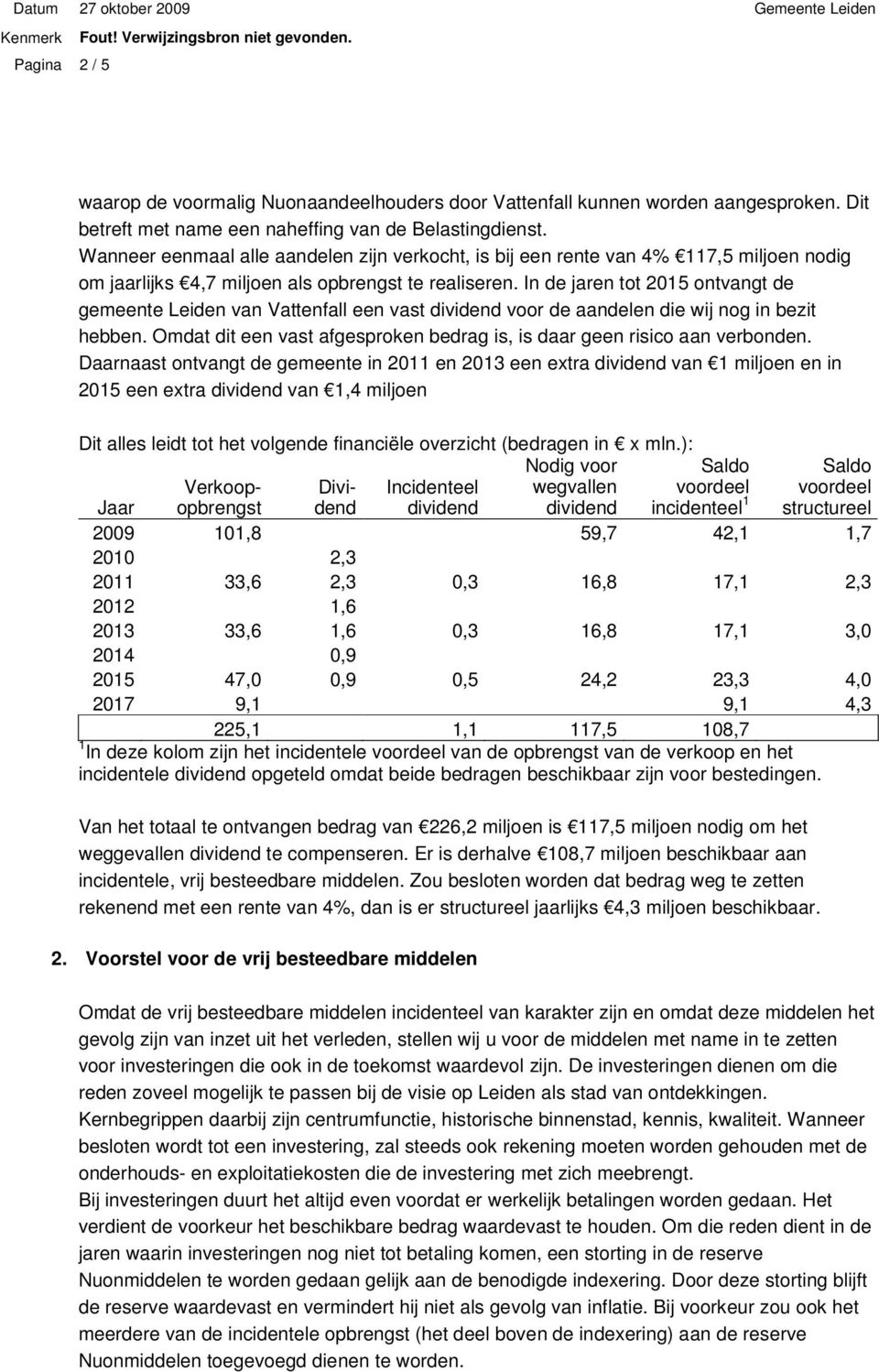 In de jaren tot 2015 ontvangt de gemeente Leiden van Vattenfall een vast dividend voor de aandelen die wij nog in bezit hebben.