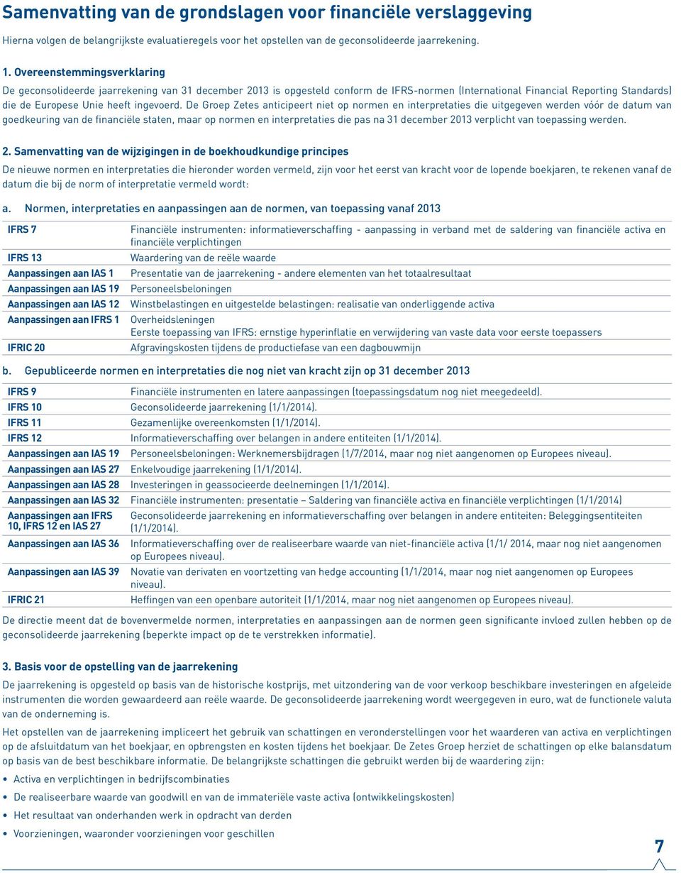 De Groep Zetes anticipeert niet op normen en interpretaties die uitgegeven werden vóór de datum van goedkeuring van de financiële staten, maar op normen en interpretaties die pas na 31 december 2013