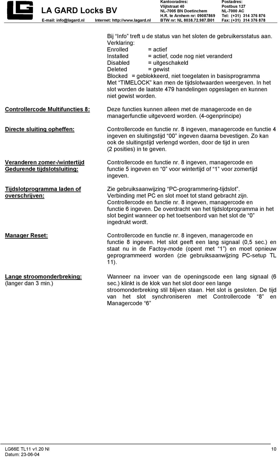 tijdslotwaarden weergeven. In het slot worden de laatste 479 handelingen opgeslagen en kunnen niet gewist worden.