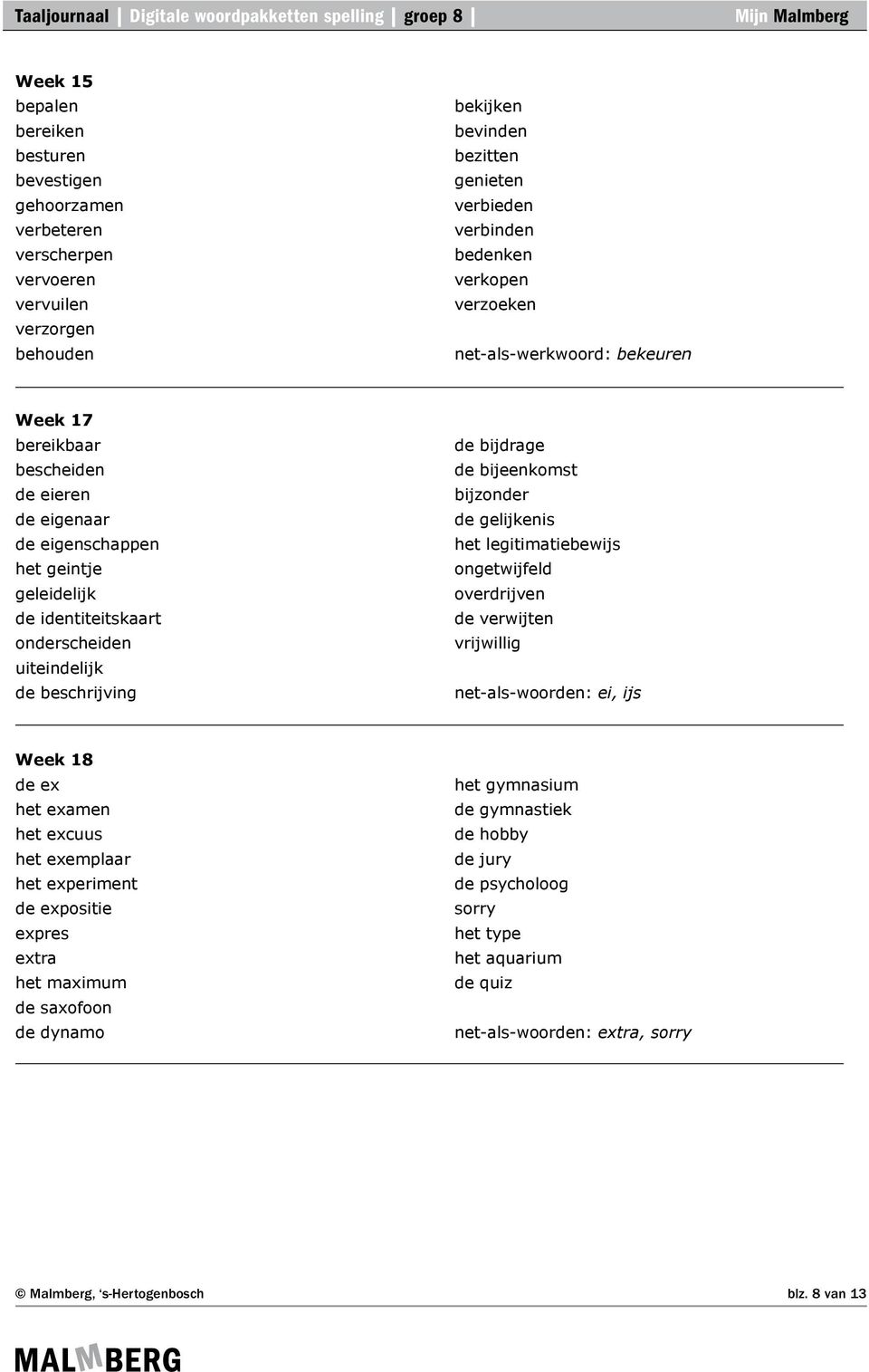 de bijdrage de bijeenkomst bijzonder de gelijkenis het legitimatiebewijs ongetwijfeld overdrijven de verwijten vrijwillig net-als-woorden: ei, ijs Week 18 de ex het examen het excuus het