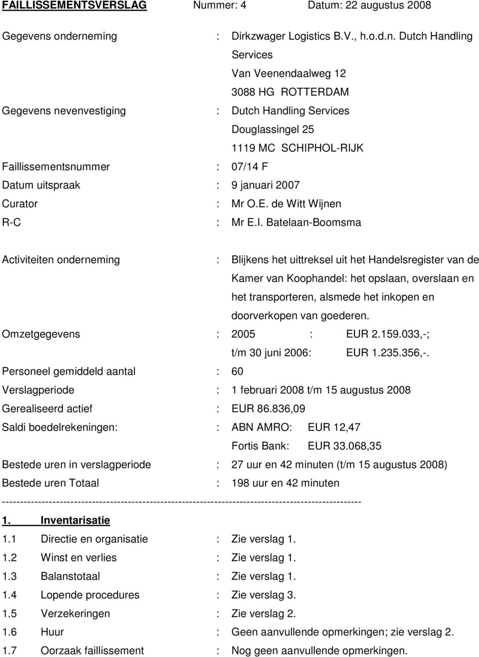 SCHIPHOL-RIJK Faillissementsnummer : 07/14 F Datum uitspraak : 9 januari 2007 Curator : Mr O.E. de Witt Wijnen R-C : Mr E.I. Batelaan-Boomsma Activiteiten onderneming : Blijkens het uittreksel uit