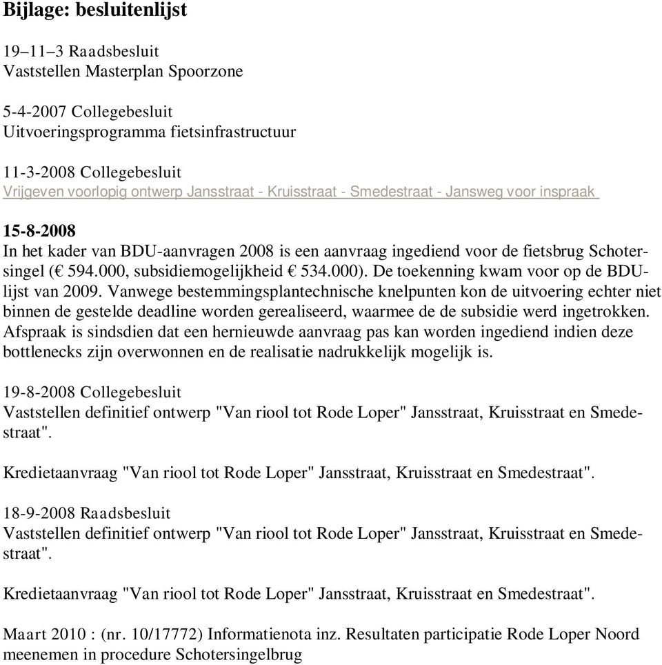 000, subsidiemogelijkheid 534.000). De toekenning kwam voor op de BDUlijst van 2009.