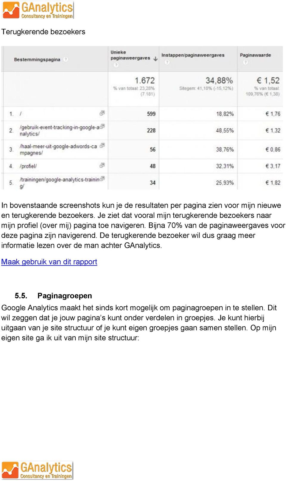 De terugkerende bezoeker wil dus graag meer informatie lezen over de man achter GAnalytics. Maak gebruik van dit rapport 5.