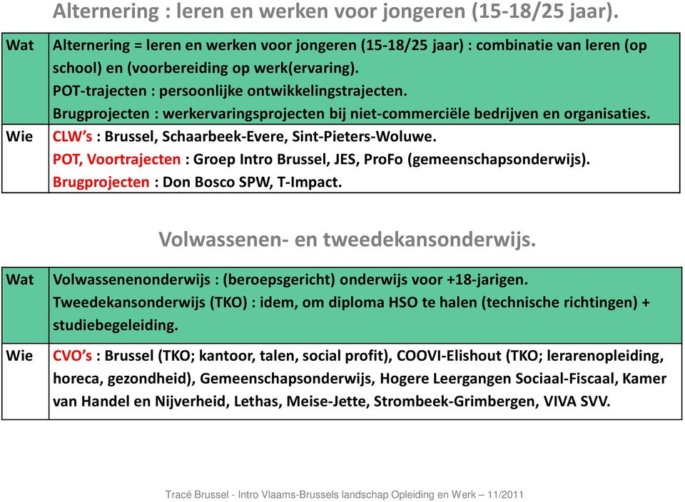 POT, Voortrajecten : Groep Intro Brussel, JES, ProFo(gemeenschapsonderwijs). Brugprojecten : Don Bosco SPW, T-Impact. Volwassenen- en tweedekansonderwijs.