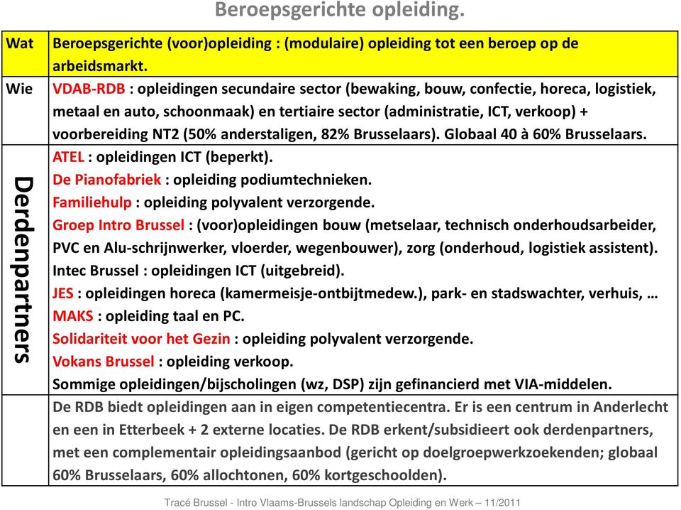 anderstaligen, 82% Brusselaars). Globaal 40 à 60% Brusselaars. ATEL: opleidingen ICT (beperkt). De Pianofabriek : opleiding podiumtechnieken. Familiehulp: opleiding polyvalent verzorgende.