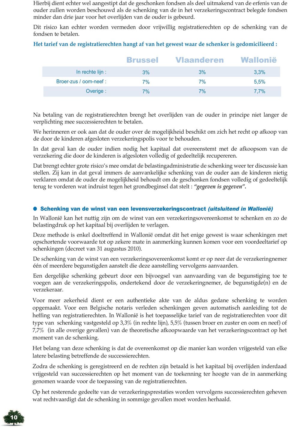 Het tarief van de registratierechten hangt af van het gewest waar de schenker is gedomicilieerd : Brussel Vlaanderen Wallonië In rechte lijn : Broer-zus / oom-neef : Overige : 7% 7% 7% 7% 3, 5,5%