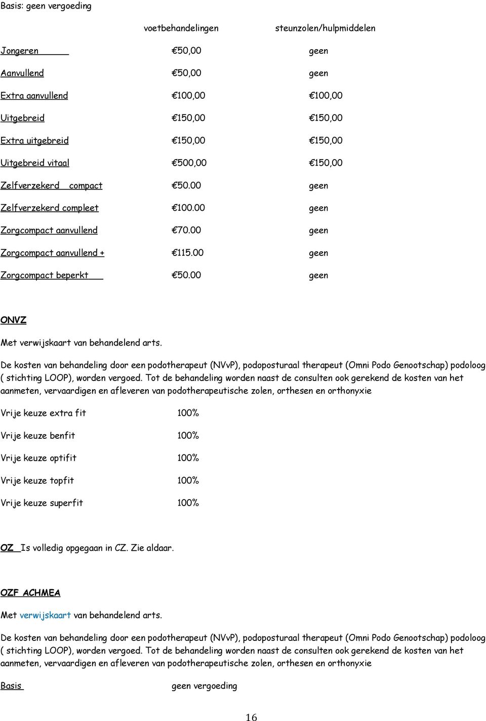 00 geen ONVZ Met verwijskaart van behandelend arts. De kosten van behandeling door een podotherapeut (NVvP), podoposturaal therapeut (Omni Podo Genootschap) podoloog ( stichting LOOP), worden vergoed.