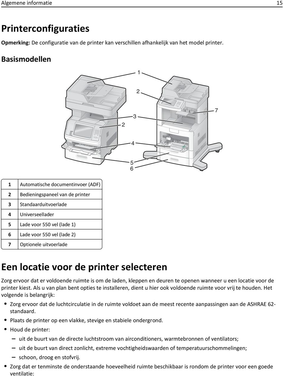 7 Optionele uitvoerlade Een locatie voor de printer selecteren Zorg ervoor dat er voldoende ruimte is om de laden, kleppen en deuren te openen wanneer u een locatie voor de printer kiest.