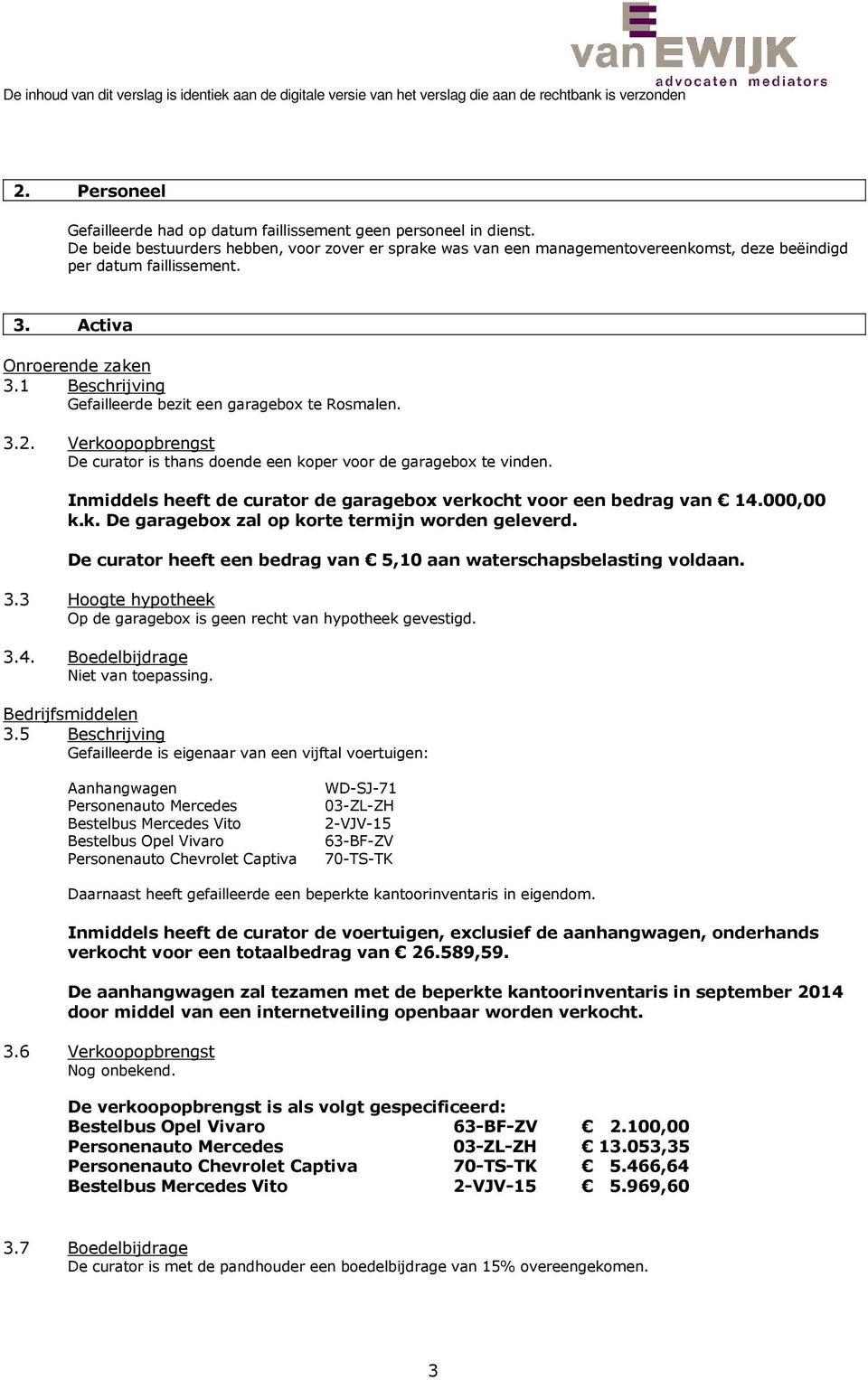 1 Beschrijving Gefailleerde bezit een garagebox te Rosmalen. 3.2. Verkoopopbrengst De curator is thans doende een koper voor de garagebox te vinden.