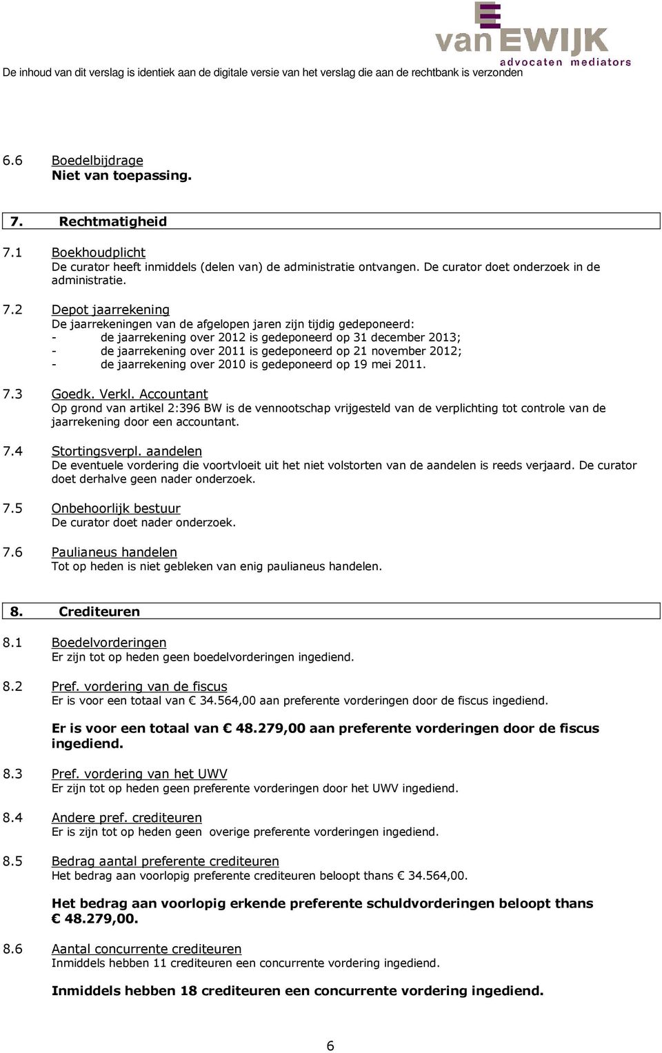 1 Boekhoudplicht De curator heeft inmiddels (delen van) de administratie ontvangen. De curator doet onderzoek in de administratie. 7.