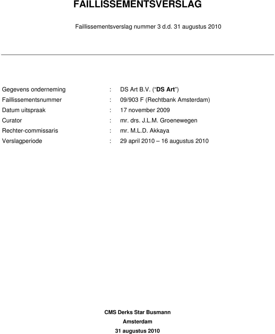 ( DS Art ) Faillissementsnummer : 09/903 F (Rechtbank Amsterdam) Datum uitspraak : 17 november