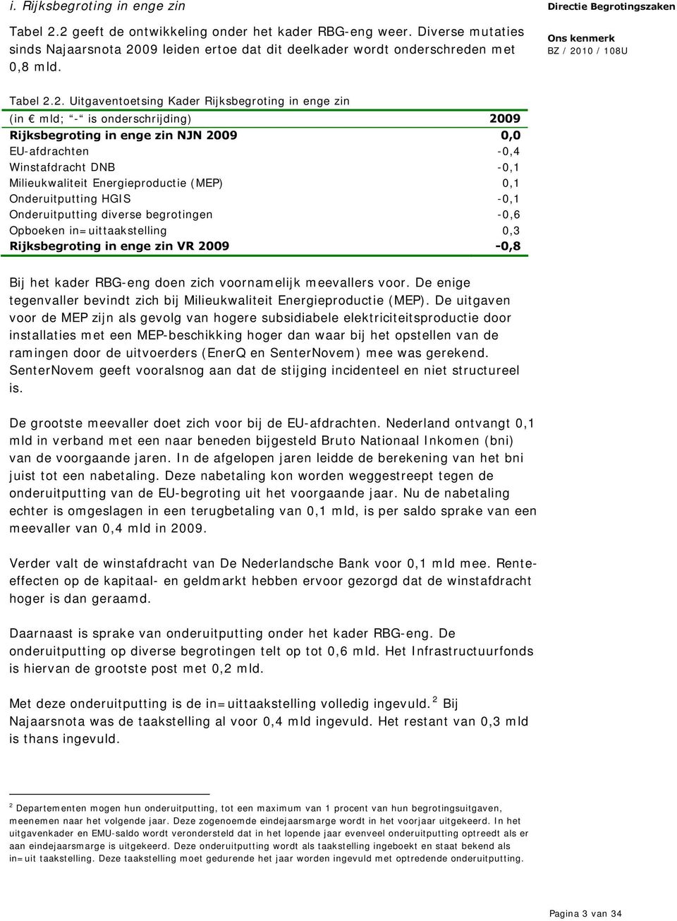 2. Uitgaventoetsing Kader Rijksbegroting in enge zin (in mld; - is onderschrijding) 2009 Rijksbegroting in enge zin NJN 2009 0,0 EU-afdrachten -0,4 Winstafdracht DNB -0,1 Milieukwaliteit