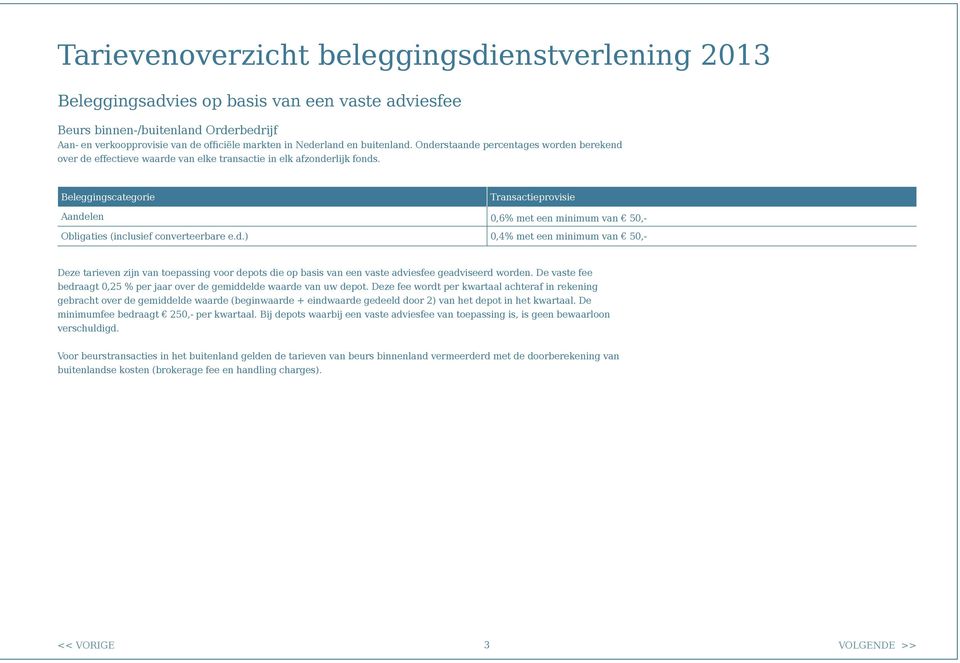 Beleggingscategorie Transactieprovisie Aandelen 0,6% met een minimum van 50,- Obligaties (inclusief converteerbare e.d.) 0,4% met een minimum van 50,- Deze tarieven zijn van toepassing voor depots die op basis van een vaste adviesfee geadviseerd worden.