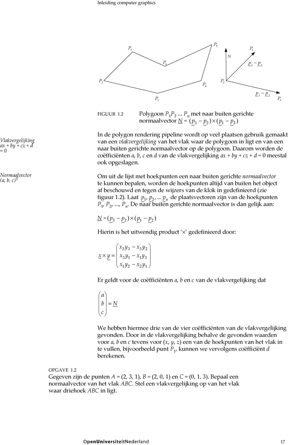 gemaakt van een vlakvergelijking van het vlak waar de polygoon in ligt en van een naar buiten gerichte normaalvector op de polygoon.