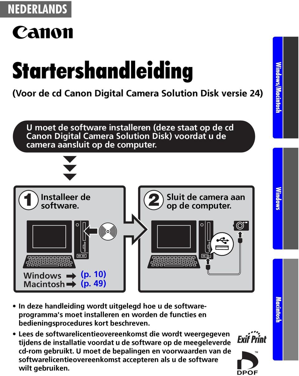 In deze handleiding wordt uitgelegd hoe u de softwareprogramma's moet installeren en worden de functies en bedieningsprocedures kort beschreven.