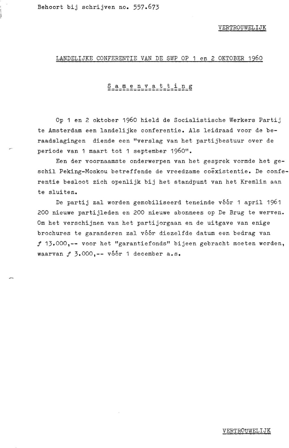 Als leidraad voor de beraadslagingen diende een "verslag van het partijbestuur over de periode van 1 maart tot 1 september 196011.