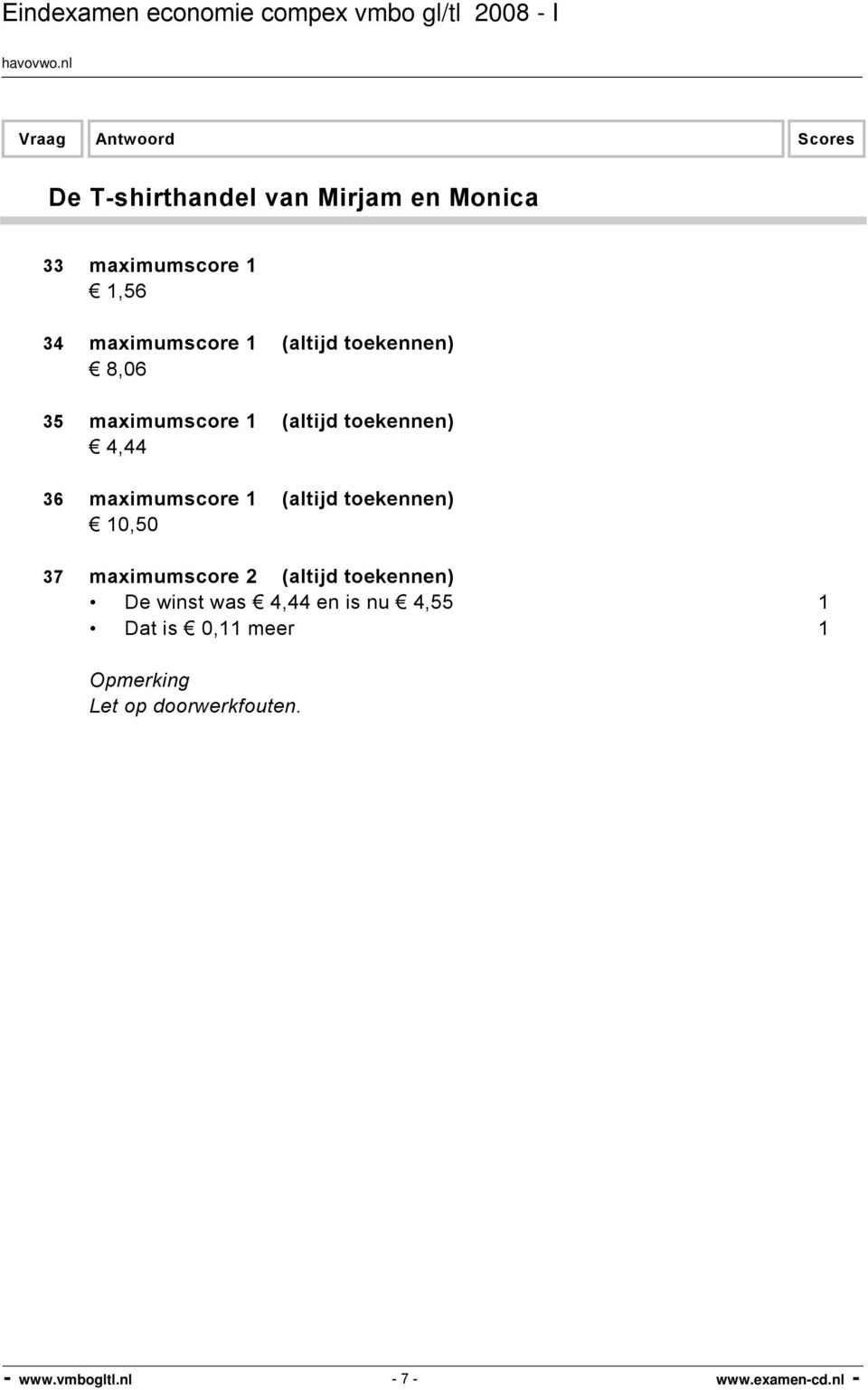 maximumscore 1 (altijd toekennen) 10,50 37 maximumscore 2 (altijd toekennen) De