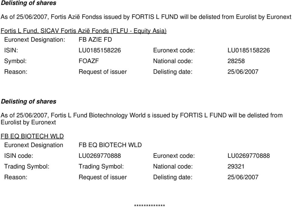 25/06/2007, Fortis L Fund Biotechnology World s issued by FORTIS L FUND will be delisted from Eurolist by FB EQ BIOTECH WLD