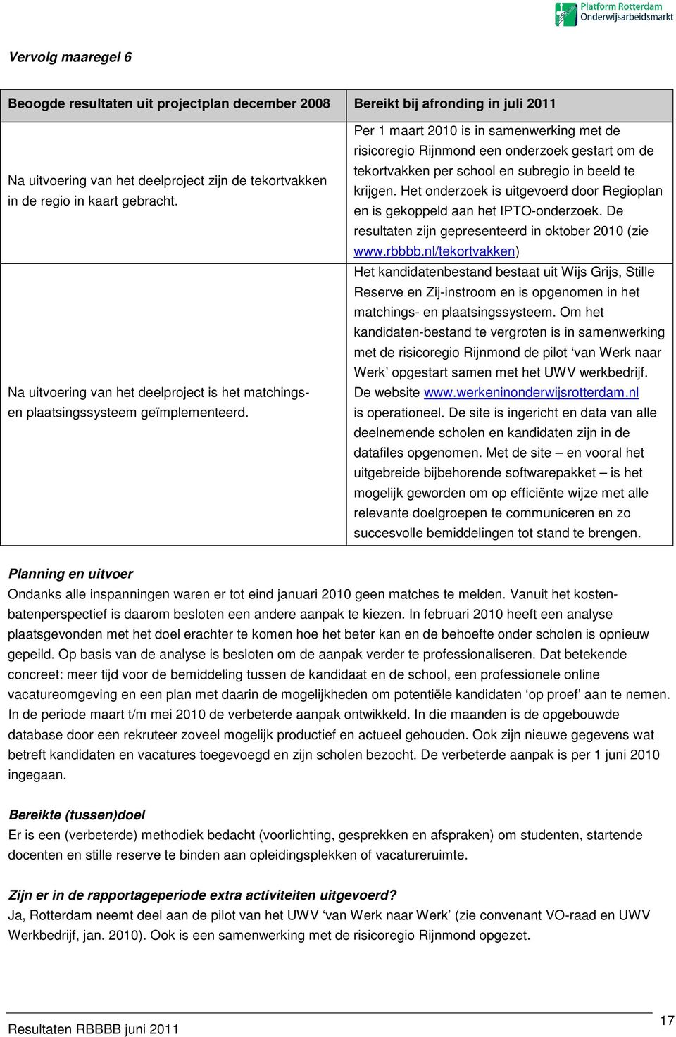 Per 1 maart 2010 is in samenwerking met de risicoregio Rijnmond een onderzoek gestart om de tekortvakken per school en subregio in beeld te krijgen.